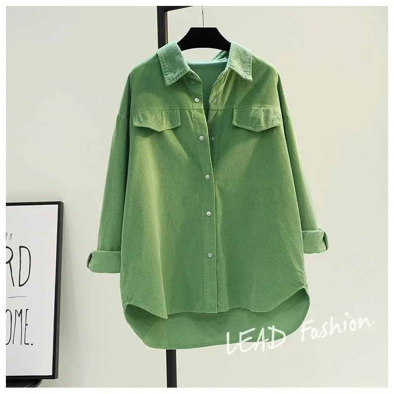 Women Shirt Blouse Avocado Green Corduroy Shirt Women's Autumn and Winter Double Pocket Shirt Coat Cardigan Blusas Mujer - NEXTRENDBAHRAIN