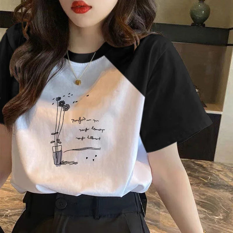 100% Cotton Color Block Short Sleeve T-shirt Women Spring/summer Loose Fit Versatile Top Trendy Women Clothing - NEXTRENDBAHRAIN