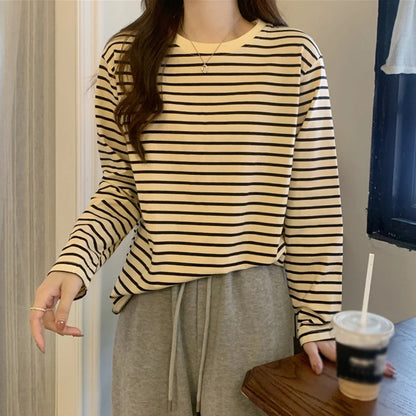 Womens Long Sleeve T Shirts Spring Autumn Casual Loose Crewneck Color Block Stripe Tee Tops - NEXTRENDBAHRAIN