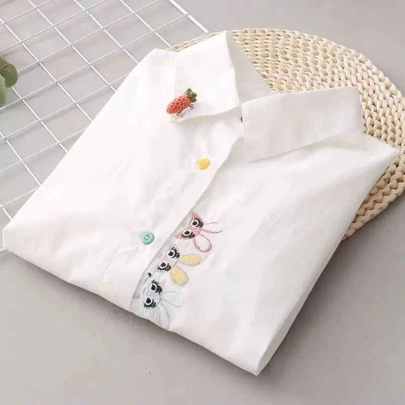 Women Spring Autumn Style Blouses Shirts Lady Casual Long Sleeve Turn-down Collar Cartoon Embroidery Blusas Tops - NEXTRENDBAHRAIN