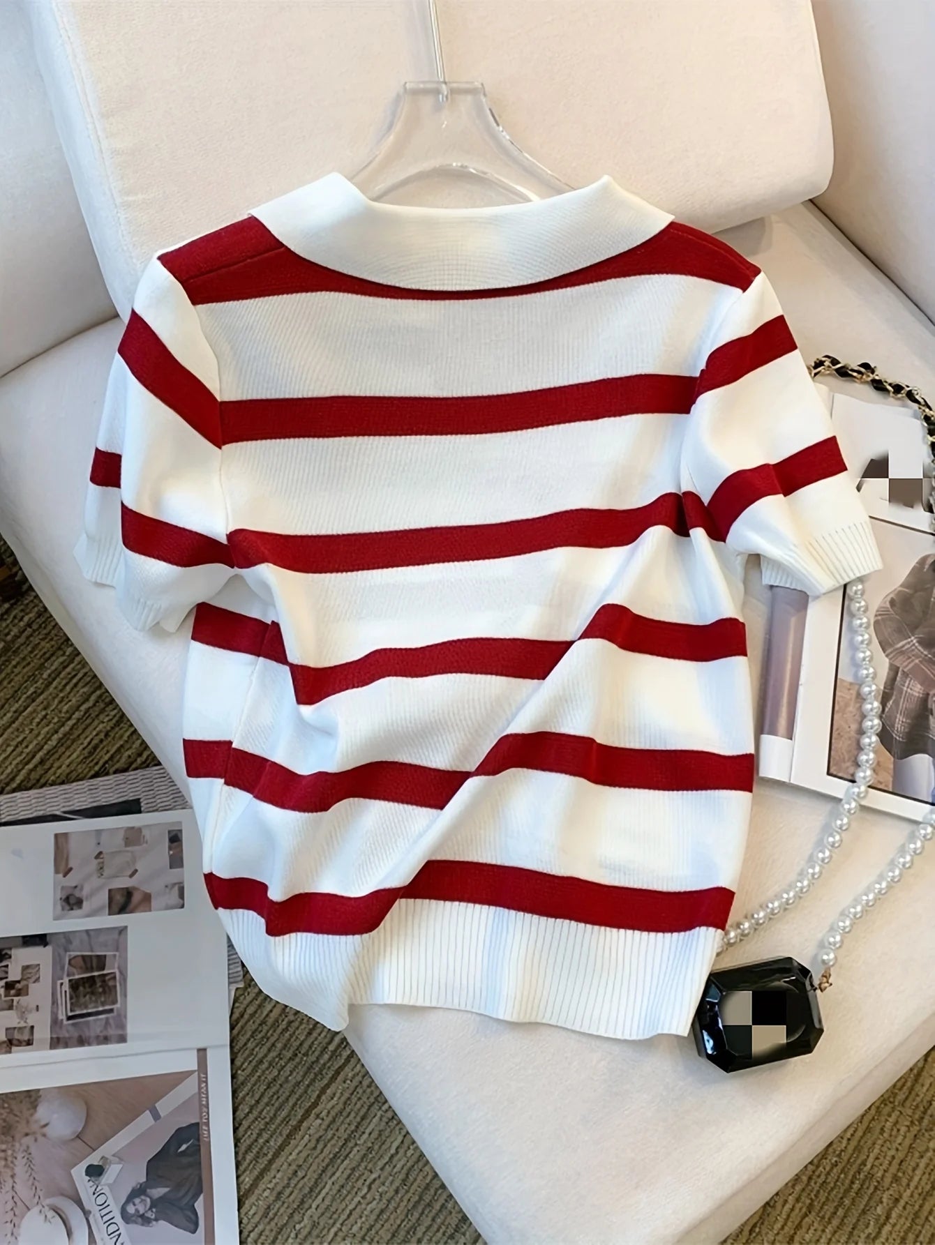 2024 New Striped Pattern Collared Sweater Versatile Short Sleeve Knitted Top For Spring & Summer Women's Clothing Crop Top - NEXTRENDBAHRAIN