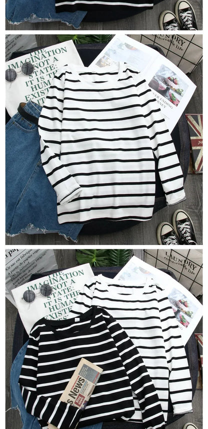 1PC Spring and Autumn Winter Black Striped Top with Foreign Style Ins Bottom Shirt Women Long Sleeve T-shirt - NEXTRENDBAHRAIN