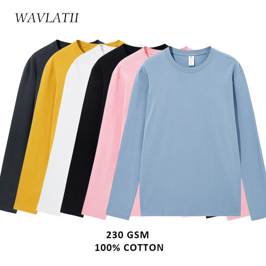 WAVLATII New Women Cotton Long Sleeve T shirts Female Pink White 230 GSM Soft Casual Base Tees Tops for Spring Autumn WLT2301 - NEXTRENDBAHRAIN