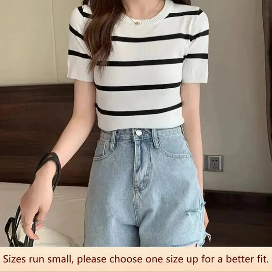 1pc Contrasting Striped Knitted Short-sleeved Women's Summer Sense Niche Round Neck Ice Silk Slim Top T-Shirt - NEXTRENDBAHRAIN