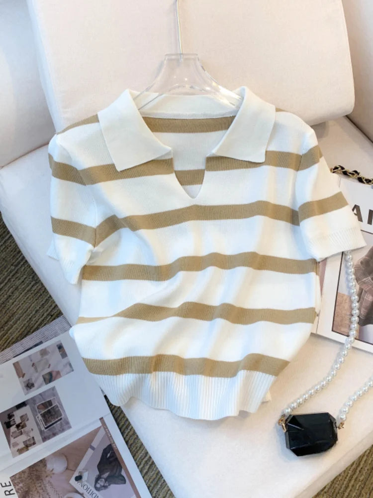 2024 New Striped Pattern Collared Sweater Versatile Short Sleeve Knitted Top For Spring & Summer Women's Clothing Crop Top - NEXTRENDBAHRAIN