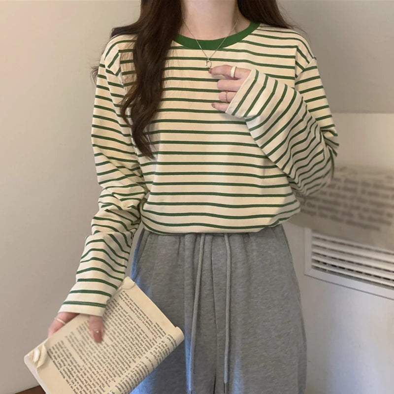 Womens Long Sleeve T Shirts Spring Autumn Casual Loose Crewneck Color Block Stripe Tee Tops - NEXTRENDBAHRAIN