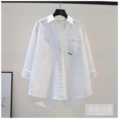 Women's Simple Casual Asymmetrical Oversized Cotton Button Up Tunic Shirts Solid Long Sleeve Streetwear Top Blouse Blusas Mujer - NEXTRENDBAHRAIN