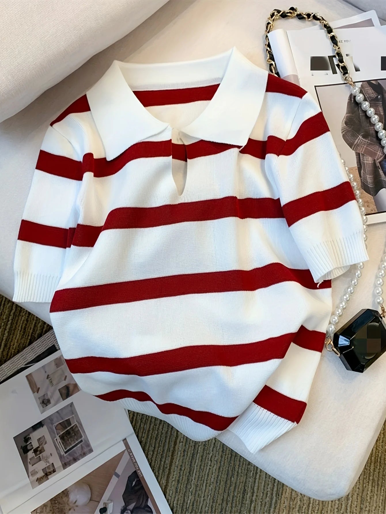 2024 New Striped Pattern Collared Sweater Versatile Short Sleeve Knitted Top For Spring & Summer Women's Clothing Crop Top - NEXTRENDBAHRAIN