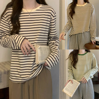 Womens Long Sleeve T Shirts Spring Autumn Casual Loose Crewneck Color Block Stripe Tee Tops - NEXTRENDBAHRAIN