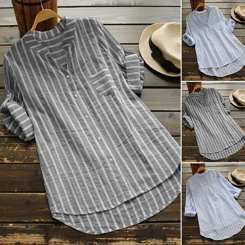 Blouse women stripe new casual V-neck striped seven-point sleeve half high collar shirt women blusas camisas feminina JQMY9903 - NEXTRENDBAHRAIN