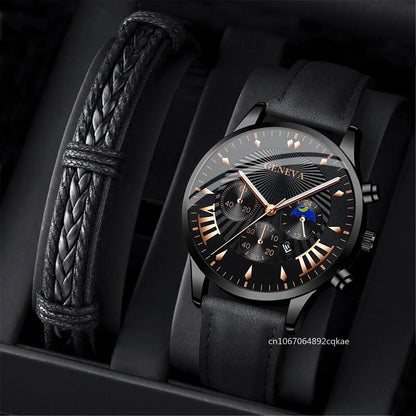 2PCS Set Fashion Mens Sports Watches Man Business Leather Bracelet Quartz Watch Luxury Men Casual Calendar Clock Reloj Hombre - NEXTRENDBAHRAIN