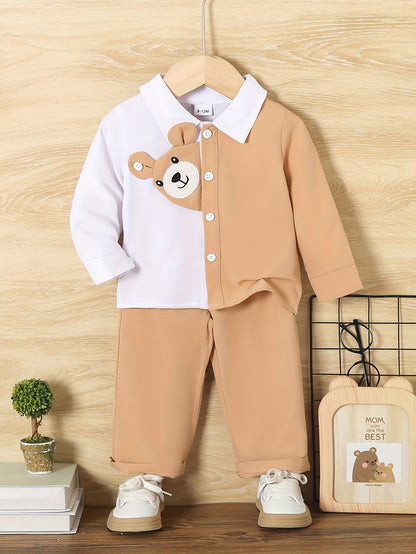 2pcs Baby's Cartoon Bear Embroidery Color Clash Shirt & Casual Pants, Toddler & Infant Boy's Clothing Set For Spring Fall - NEXTRENDBAHRAIN