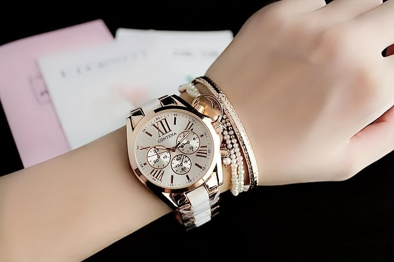 1pc Matching Contena Luxury Rose Golden Quartz Watches, Women's Fashion Wristwatch Set With Roman Numerals, Elegant Female Timepieces For Daily Life And Travel (Watch Only) - NEXTRENDBAHRAIN