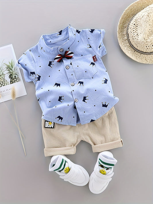 2pcs Boys Casual Gentleman Crown Graphic Print Short Sleeve Lapel Shirt&Shorts Set, Comfy Summer Kids Clothing - NEXTRENDBAHRAIN