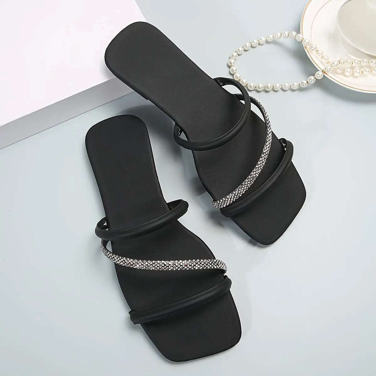 Women's Rhinestone Decor Slide Sandals, Fashion Square Open Toe Flat Summer Shoes, Lightweight Slide Sandals - NEXTRENDBAHRAIN