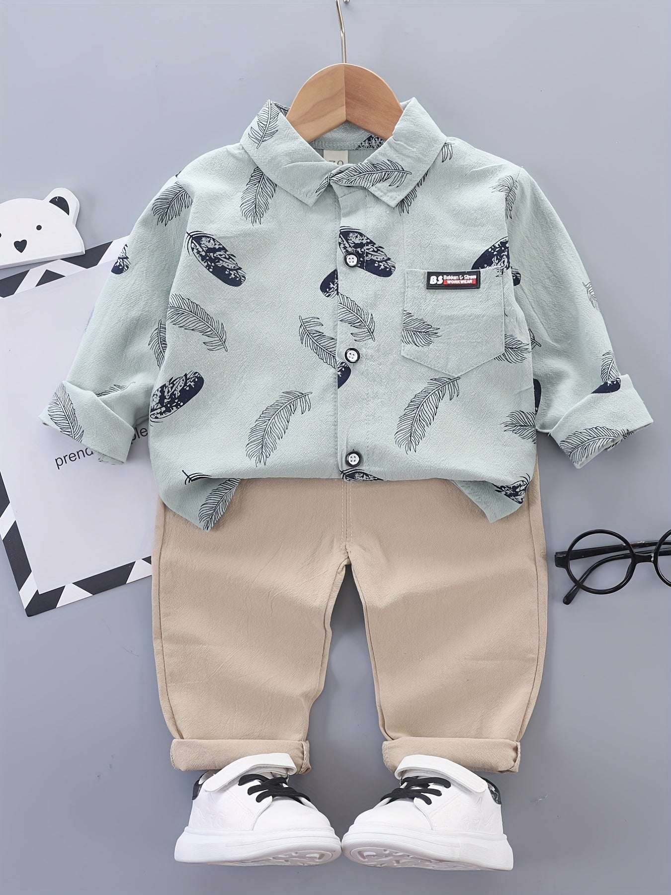 Boys Feather Graphic Patch Pocket Label Long Sleeve Shirt & Trousers Suit, Toddler Baby's Party Casual Clothes - NEXTRENDBAHRAIN