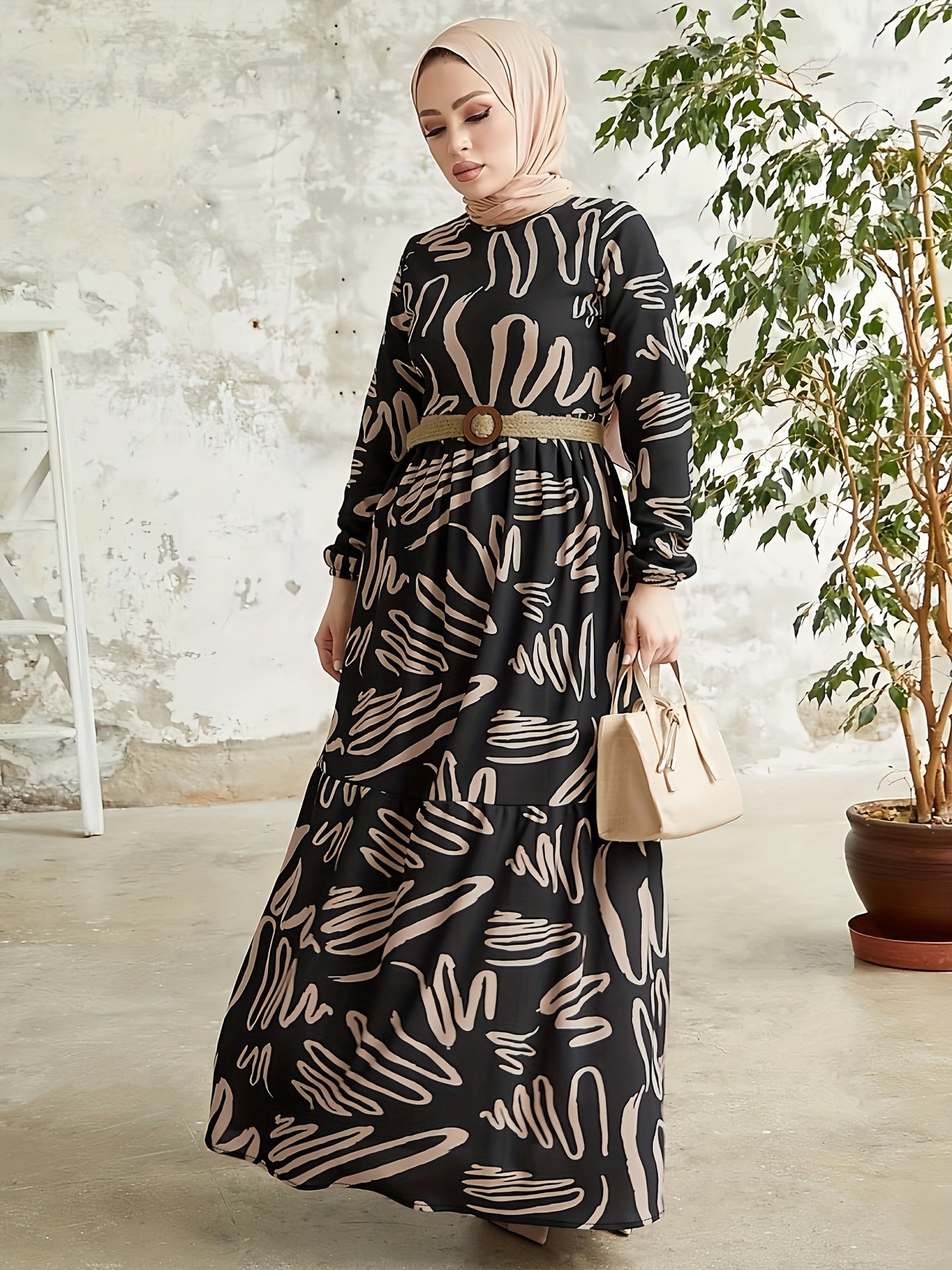 Allover Print Crew Neck Kaftan Dress, Elegant Long Sleeve Maxi Dress, Women's Clothing - NEXTRENDBAHRAIN