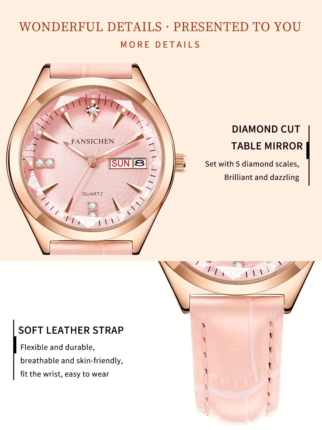 Elegant Women's Watch with Rhinestone Dial - Rose Golden, & Luminous with Calendar Feature, Genuine Faux Leather/Stainless Steel Band - Perfect Gift for Her - NEXTRENDBAHRAIN