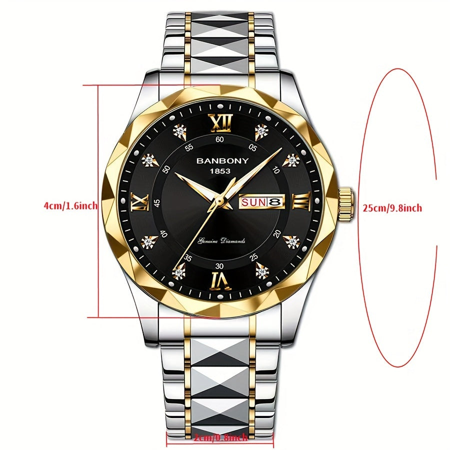 1pc Stainless Steel Strap Men's Roman Numerals Dial Rhinestones Multifunctional Watch, Ideal For Birthday, Holiday Gifts - NEXTRENDBAHRAIN