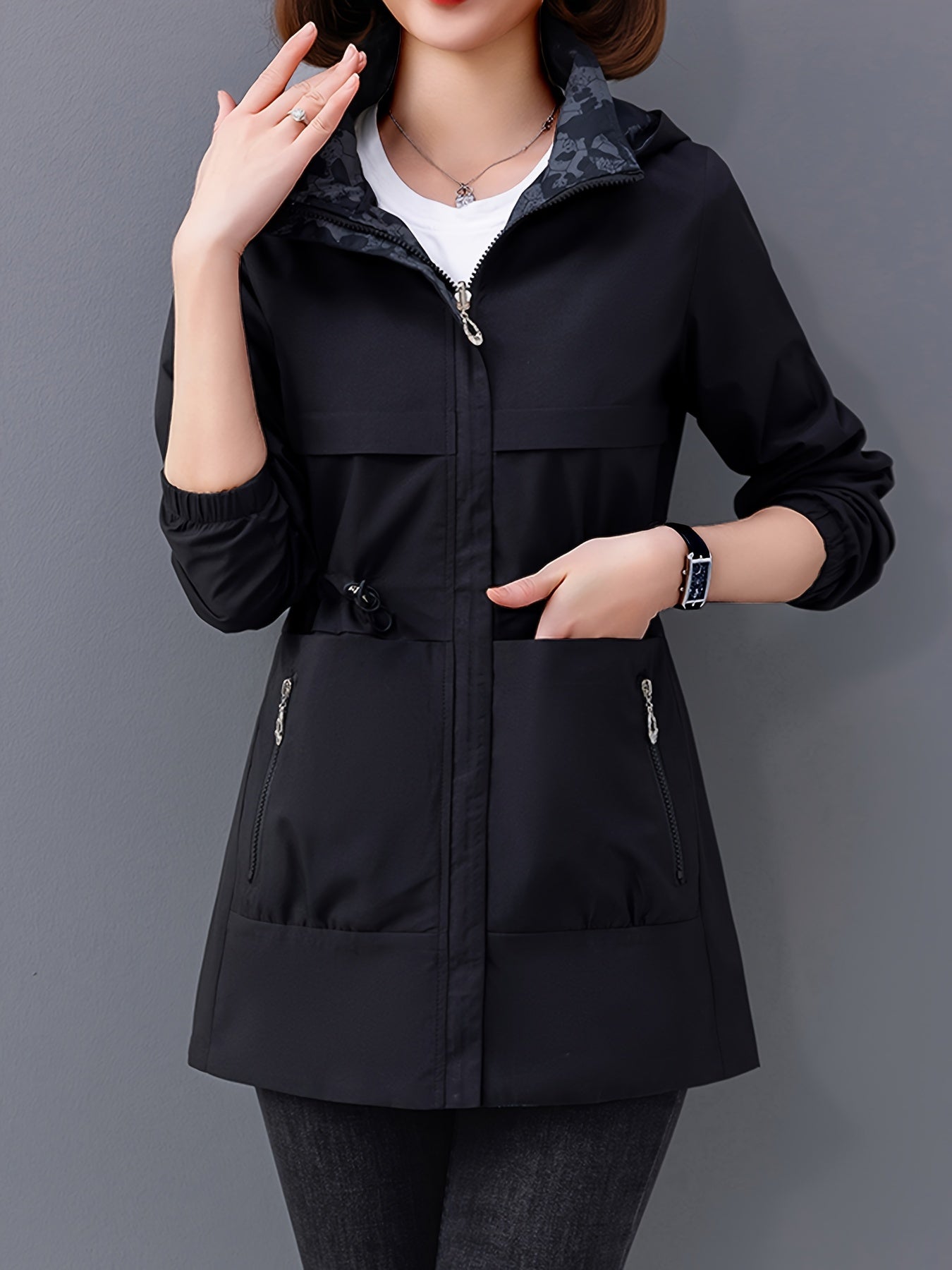 Casual Long Sleeve Drawstring Waist Hooded Zip Up Outdoor Jackets For Women, Two-sided Wear Waterproof And Windproof Coat For Autumn & Winter, Women's Clothing NEXTRENDBAHRAIN