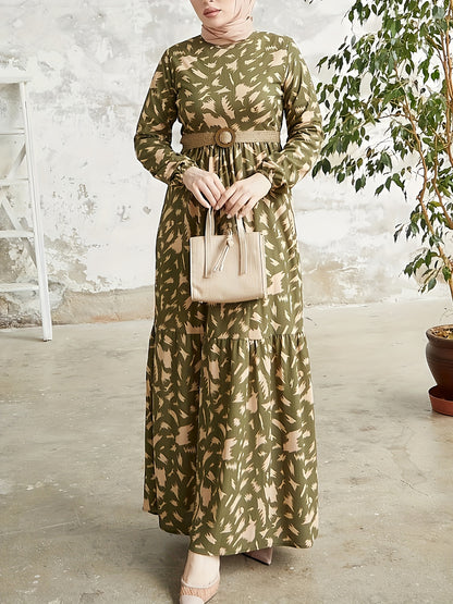 Allover Print Crew Neck Modest Dress, Elegant Long Sleeve Maxi Dress For Spring & Fall, Women's Clothing - NEXTRENDBAHRAIN