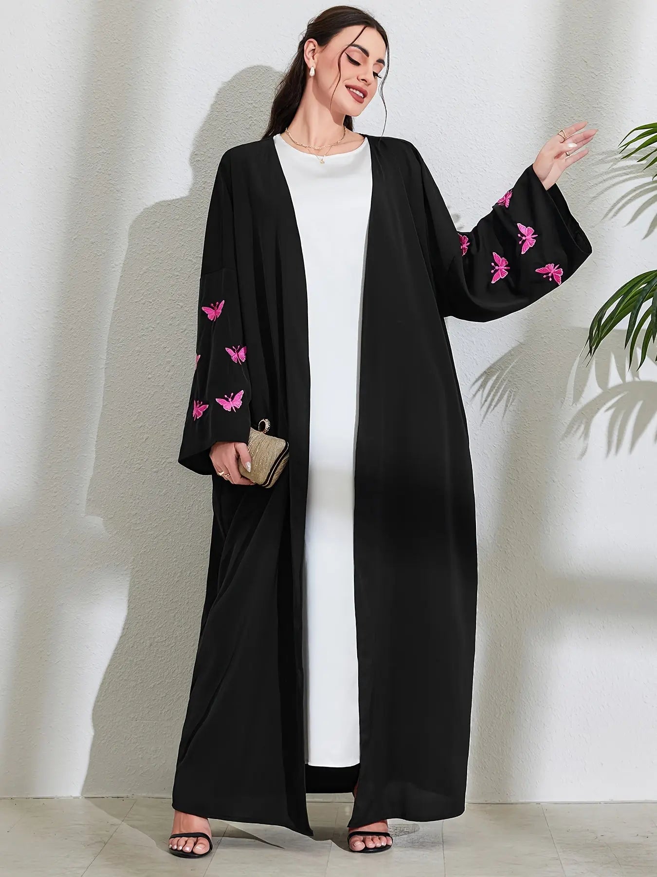 Butterfly Embroidered Modest Outwear, Elegant Open Front Maxi Loose Cover Up, Women's Clothing NEXTRENDBAHRAIN