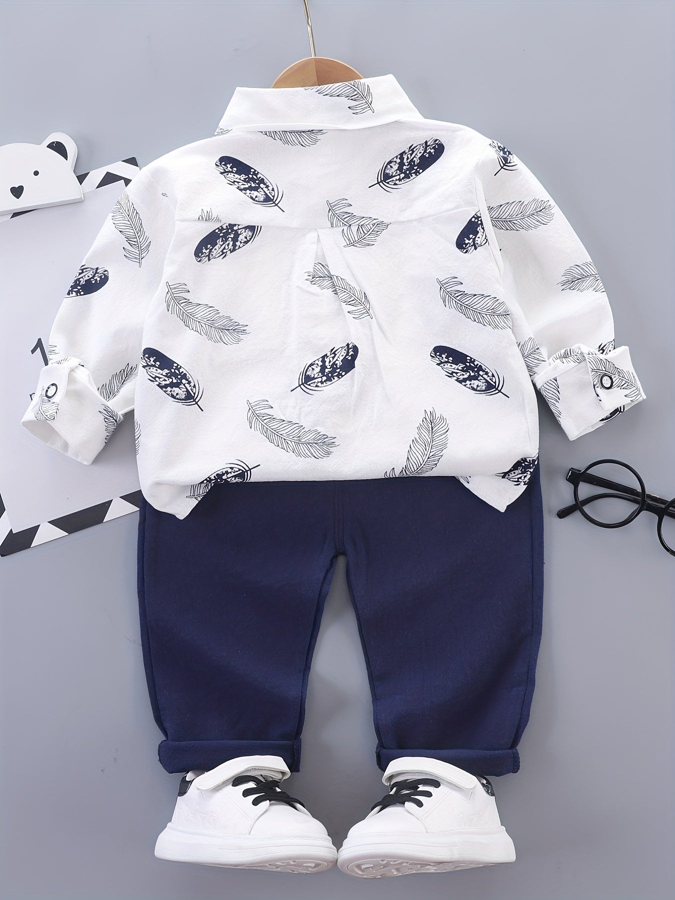 Boys Feather Graphic Patch Pocket Label Long Sleeve Shirt & Trousers Suit, Toddler Baby's Party Casual Clothes - NEXTRENDBAHRAIN