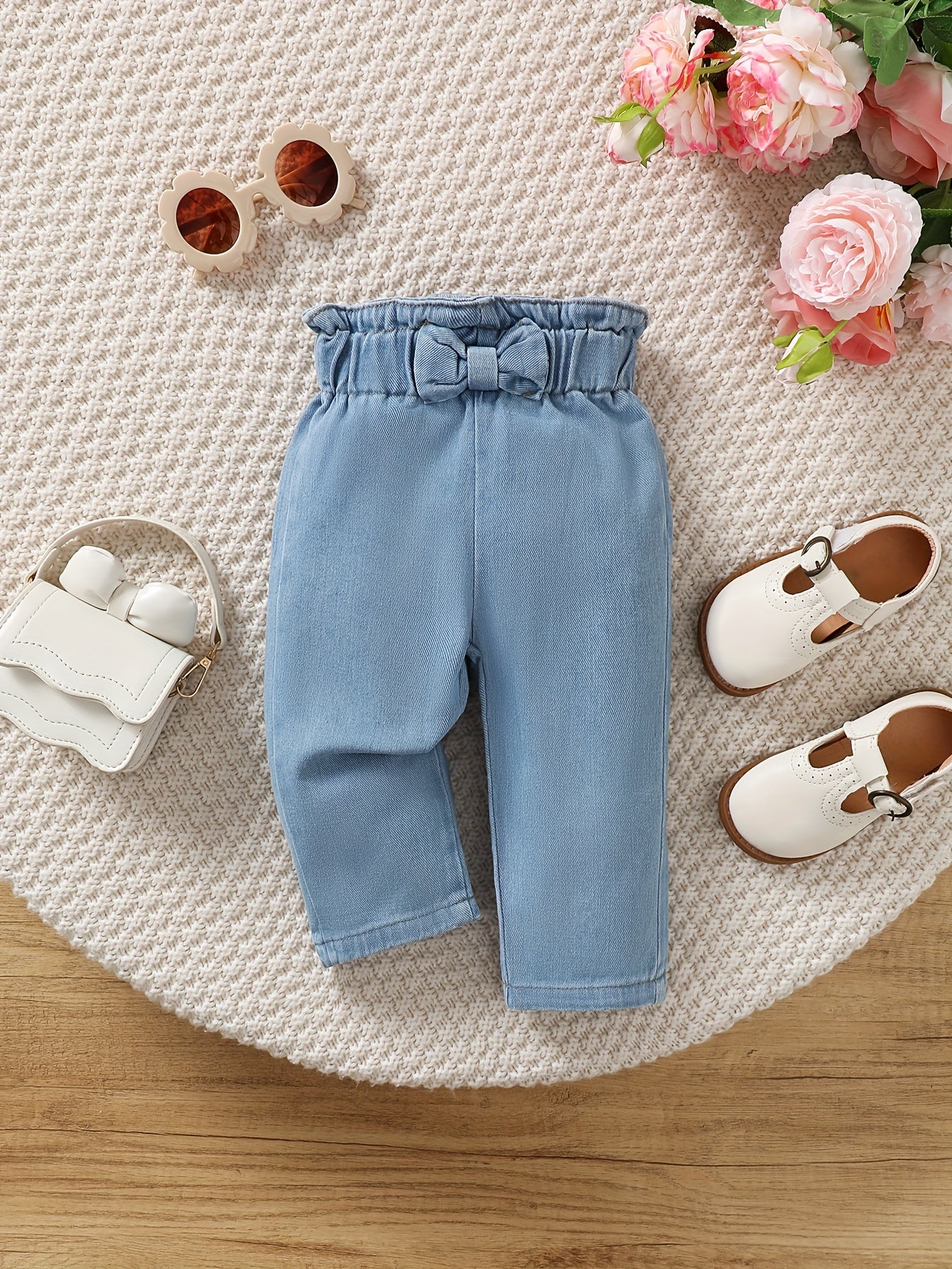 Baby's Casual Bowknot Decor Jeans, Elastic Waist Denim Pants, Toddler & Infant Girl's Clothing - NEXTRENDBAHRAIN