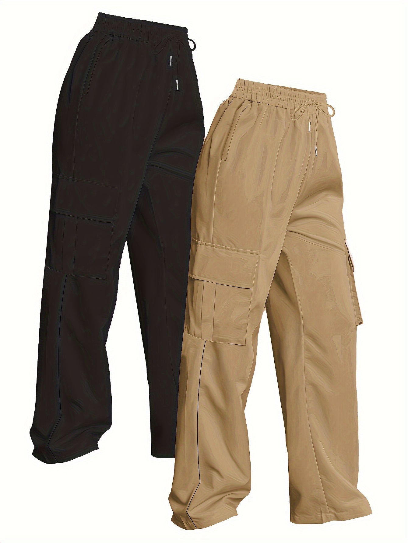 Women's Polyester Cargo Pants 2-Pack, Casual Solid Color Long Length with Pockets, Non-Stretch Woven Fabric for All Seasons NEXTRENDBAHRAIN