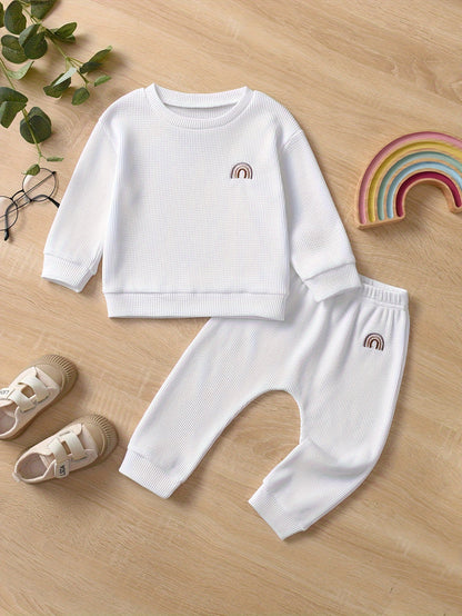 2pcs Baby Boys Rainbow Embroidered Waffle Textured Cotton Set, Sweatshirt & Pants, Baby Boy's Clothing, As Gift - NEXTRENDBAHRAIN