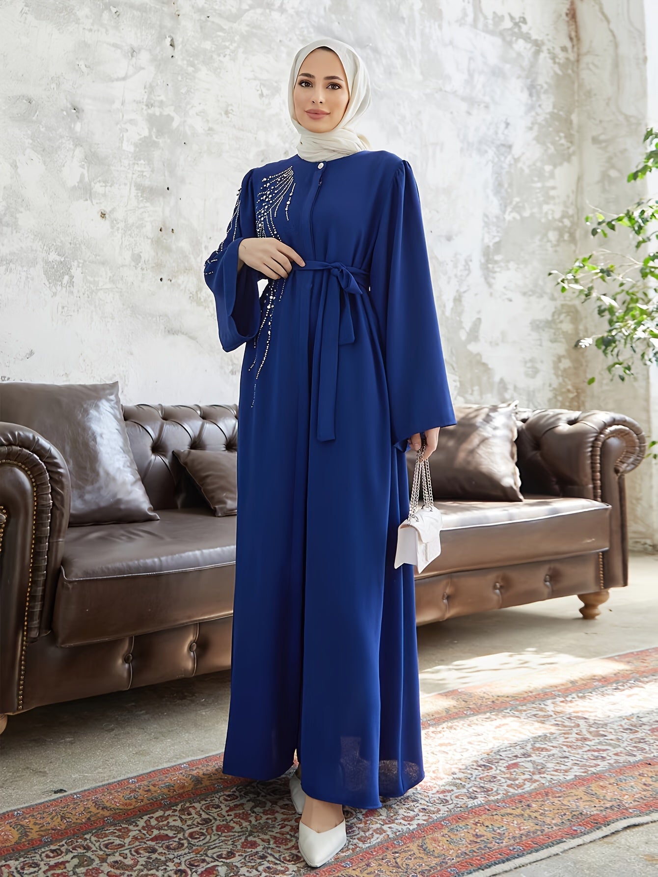 Beaded Tie Waist Modest Dress, Elegant Flare Sleeve Maxi Length Aline Dress, Women's Clothing - NEXTRENDBAHRAIN