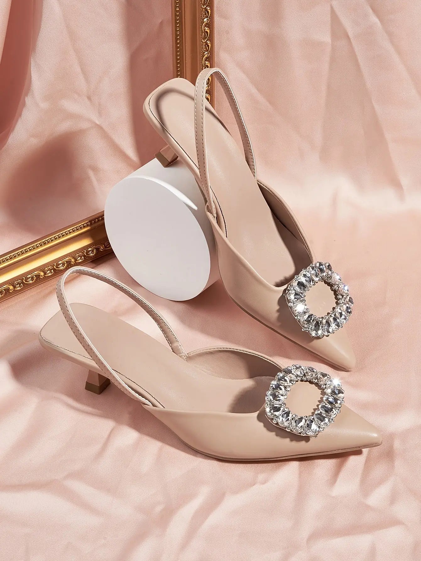 Women's Rhinestone Buckle Decor Stiletto Heels, Fashion Point Toe Dress Pumps, Stylish Ankles Trap Slingback Heels - NEXTRENDBAHRAIN