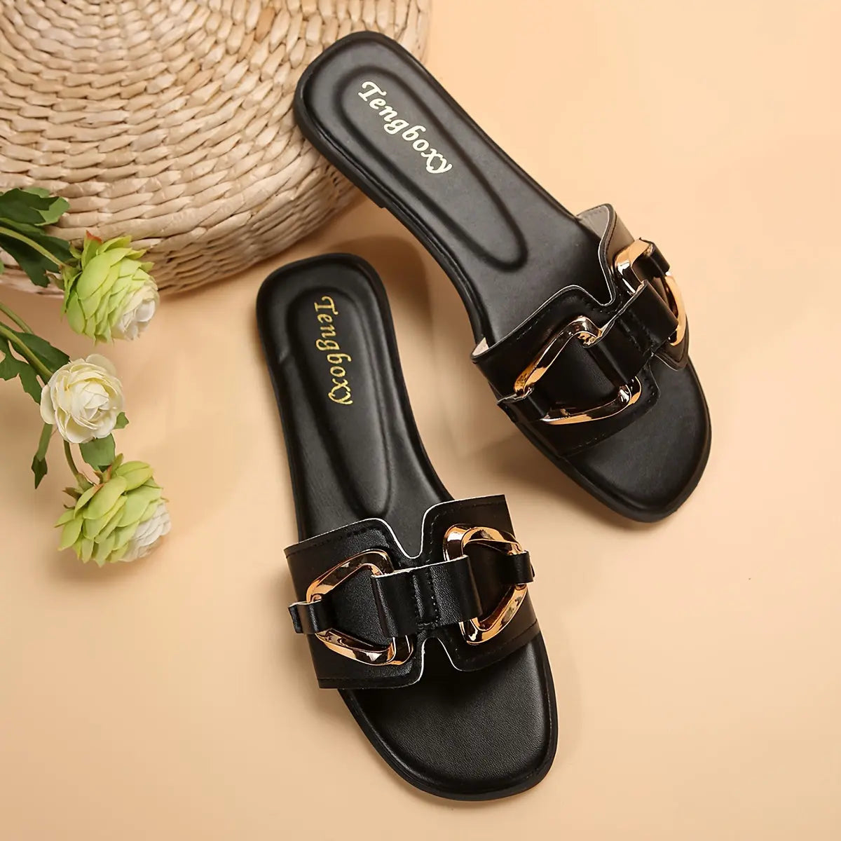 Women's Metallic Buckle Decor Slides, Fashionable Square Open Toe Summer Shoes, Casual Beach Flat Slides - NEXTRENDBAHRAIN