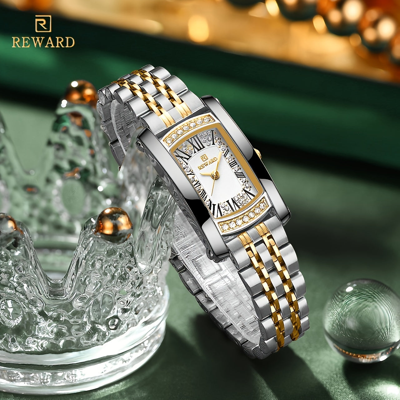 Elegant Golden-Tone Women's Watch - Luxury Retro Rectangle Design with Rhinestone Accents, Stainless Steel Band, Japanese Quartz Movement - NEXTRENDBAHRAIN