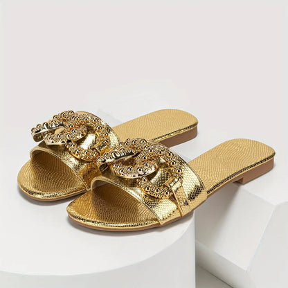 Chic Golden Snakeskin Print Women's Slide Sandals with Metallic Buckle - Fashionable Flat Heel, Round Toe Design for All Seasons - NEXTRENDBAHRAIN