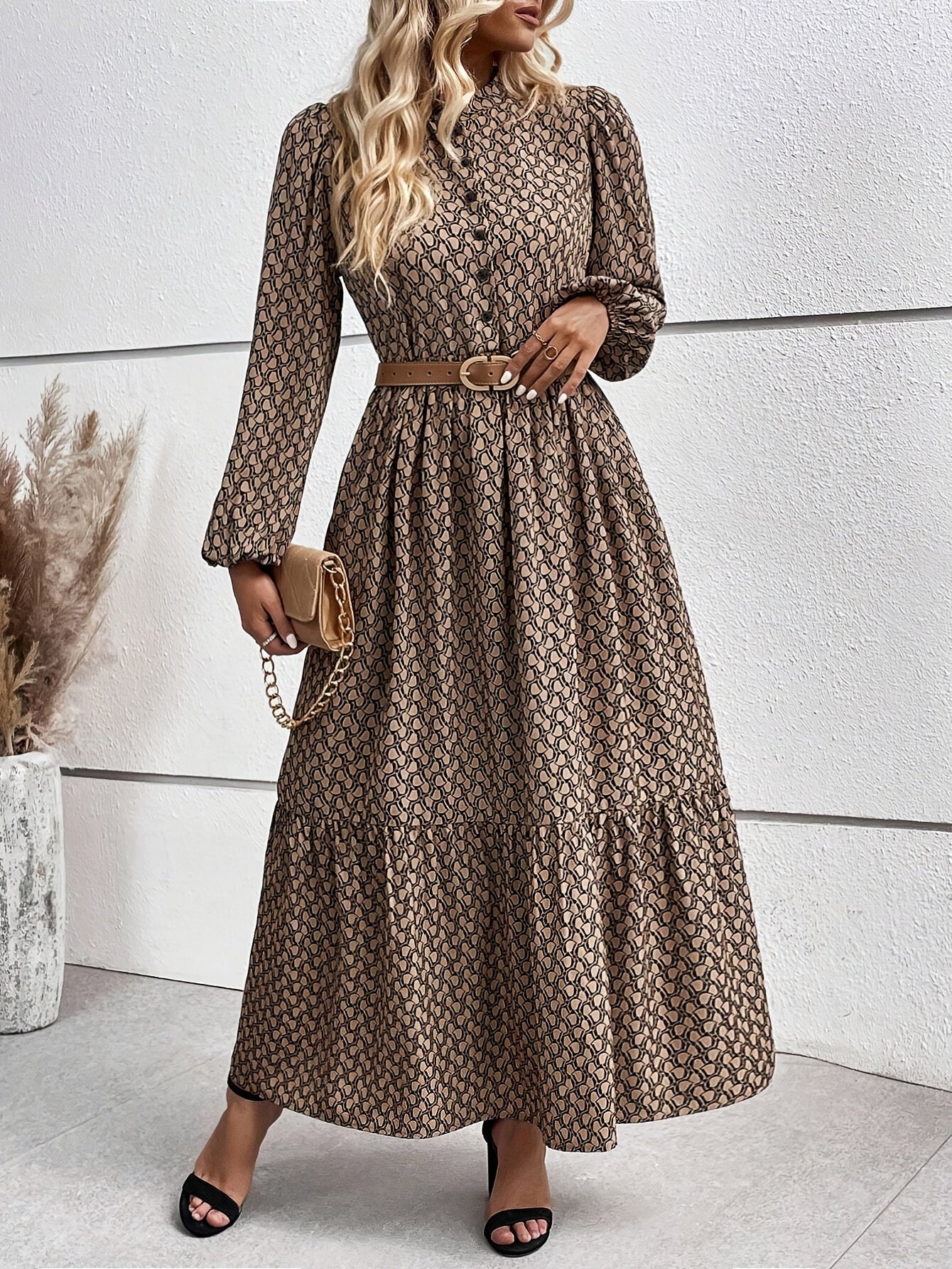 Allover Print Button Front Beltless Dress, Elegant Lantern Sleeve Flowy Dress For Spring & Fall, Women's Clothing - NEXTRENDBAHRAIN