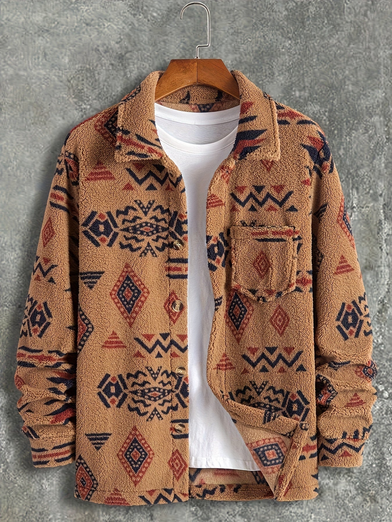 1pc Men's Aztec Pattern Flannel Jacket, Button-Up Long Sleeve Casual Outerwear with Pockets, Regular Fit Knit Fabric, Non-Waterproof, Spring/Autumn Collection NEXTRENDBAHRAIN