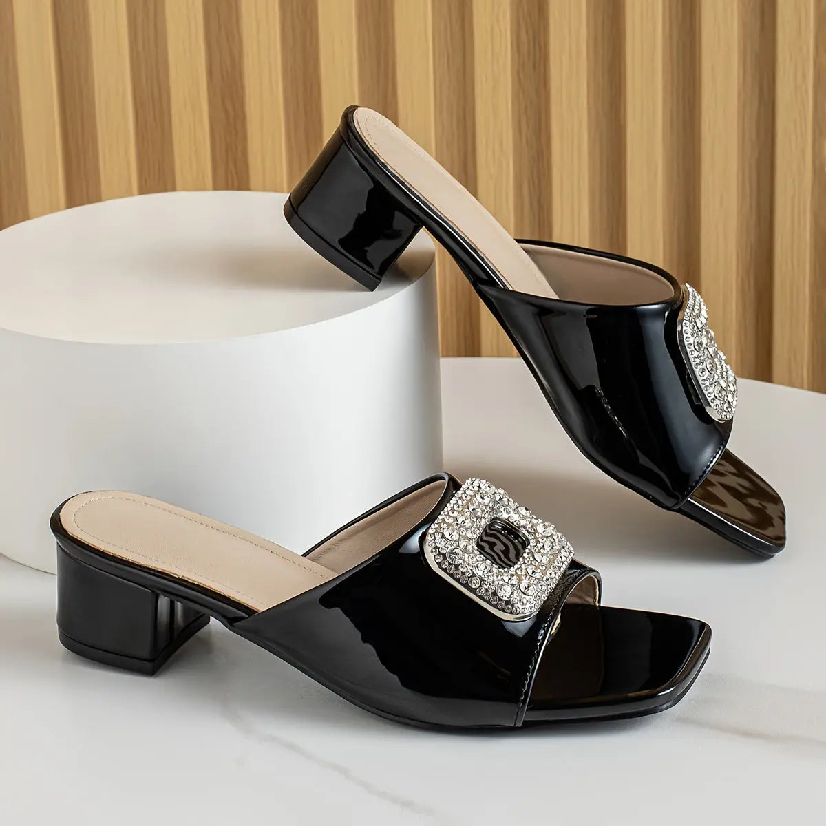 Women's Solid Color Stylish Sandals, Slip On Rhinestone Buckle Chunky Heels, Comfort Square Toe Daily Footwear - NEXTRENDBAHRAIN