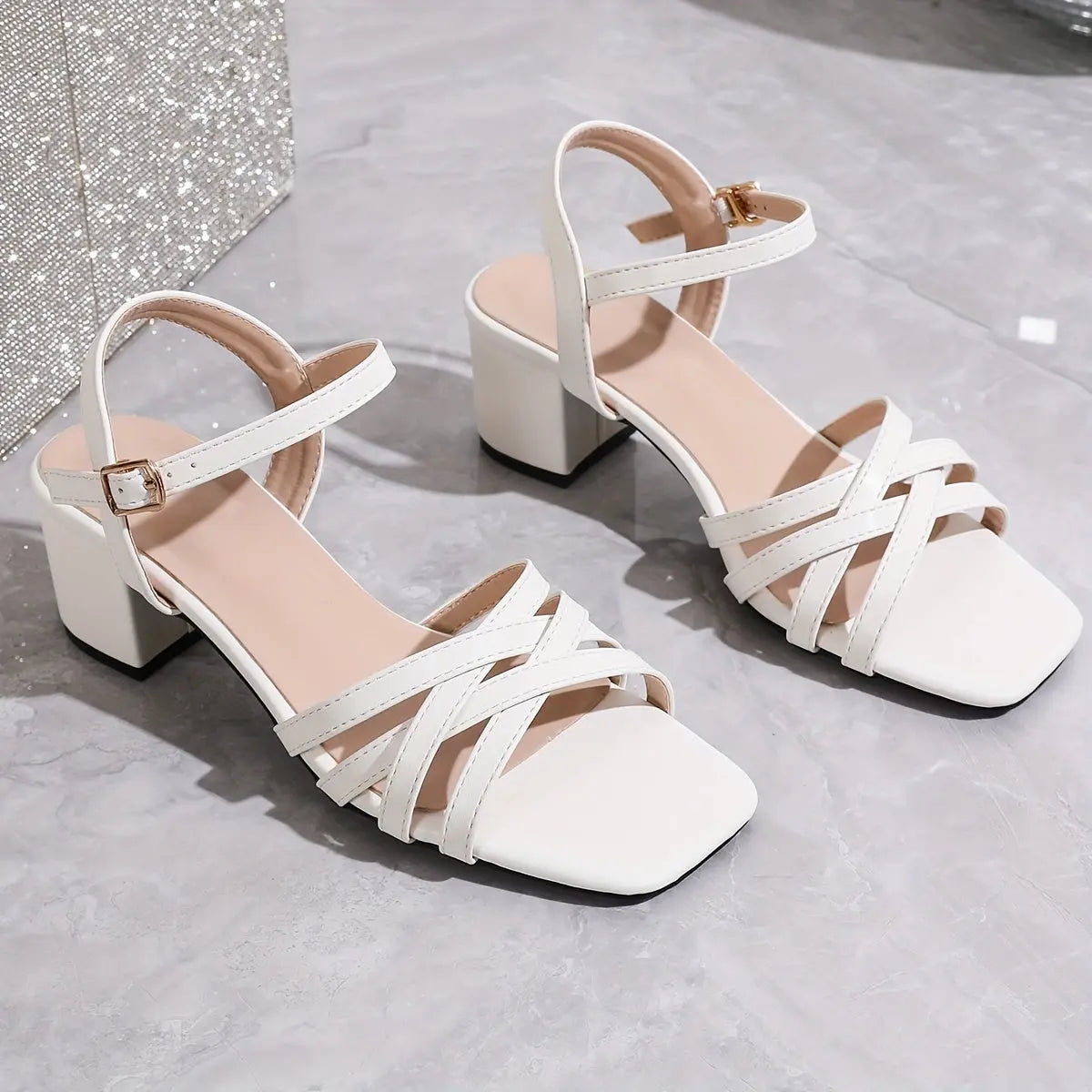 Women's Solid Color Chunky Heel Sandals, Fashion Square Open Toe Dress Pumps, Stylish Buckle Strap Heels - NEXTRENDBAHRAIN