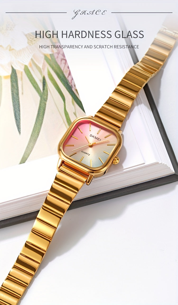 Women's Watch Fashion Square Pointer Quartz Watch Color Block Dial Analog WR Stainless Steel Wrist Watch - NEXTRENDBAHRAIN