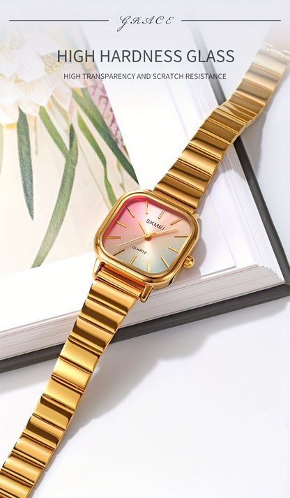 Women's Watch Fashion Square Pointer Quartz Watch Color Block Dial Analog WR Stainless Steel Wrist Watch - NEXTRENDBAHRAIN