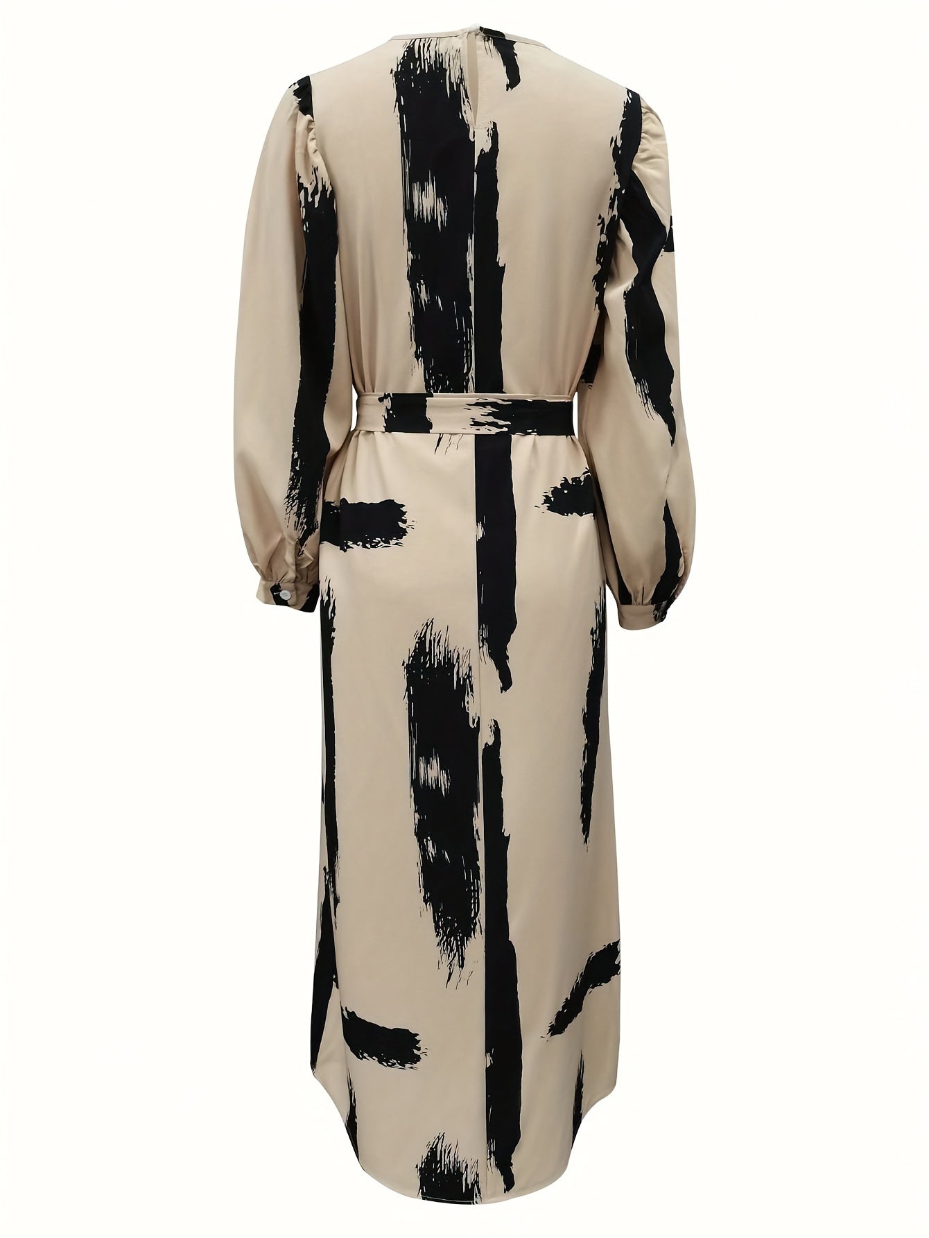 Allover Print Belted Elegant Dress, Long Sleeve Crew Neck Midi Dress For Spring & Fall, Women's Clothing - NEXTRENDBAHRAIN