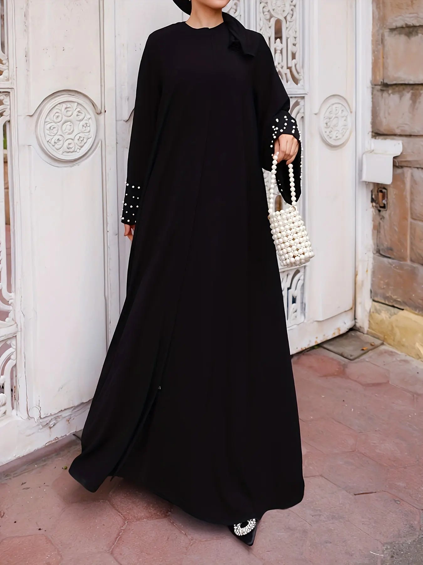 Beaded Crew Neck Long Sleeve Abayas Dress, Elegant Maxi Length Dress, Women's Clothing NEXTRENDBAHRAIN