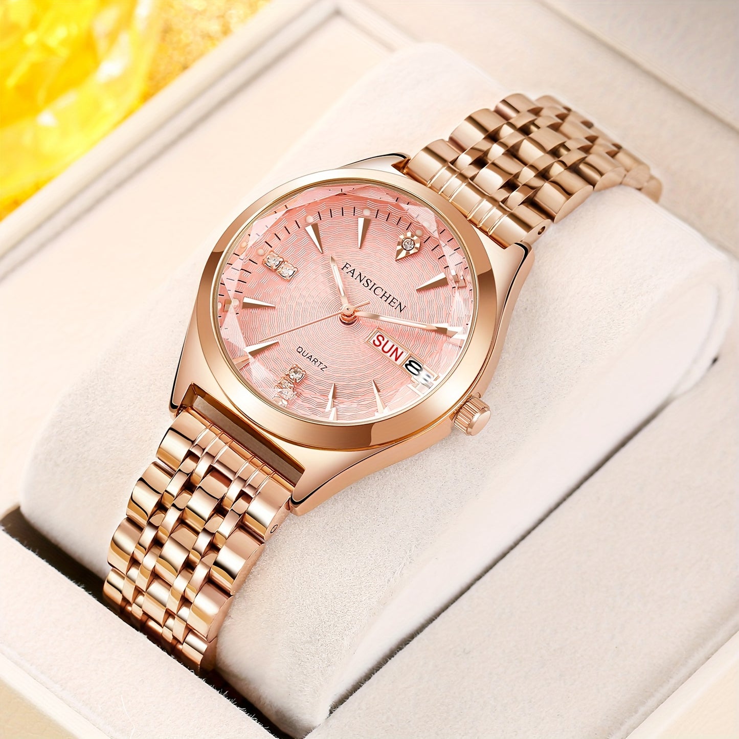 Elegant Women's Watch with Rhinestone Dial - Rose Golden, & Luminous with Calendar Feature, Genuine Faux Leather/Stainless Steel Band - Perfect Gift for Her - NEXTRENDBAHRAIN