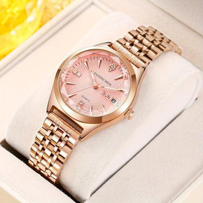 Elegant Women's Watch with Rhinestone Dial - Rose Golden, & Luminous with Calendar Feature, Genuine Faux Leather/Stainless Steel Band - Perfect Gift for Her - NEXTRENDBAHRAIN