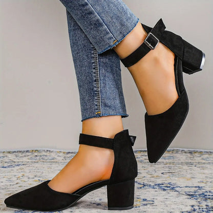 Women's Block Heel Ankle Strap Sandals, Solid Color Pointed Toe Low Heels, Versatile Dress Shoes - NEXTRENDBAHRAIN