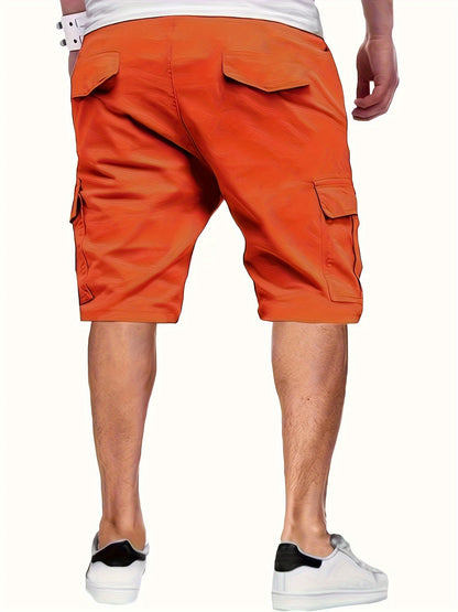 Casual Solid Men's Loose Fit Elastic Waist Cargo Shorts With Side Pockets For Summer Outdoor Leisure And Work - NEXTRENDBAHRAIN