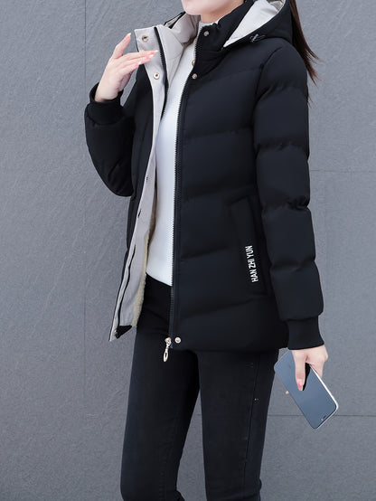 Women'S Puffer Coat, Autumn/Winter Warm Thickened Cotton Jacket, Hooded Sports Style, Solid Color, Zippered, Non-Stretch Fabric, Outdoor Casual Jacket, Polyester (Poly) Material, Woven Knit NEXTRENDBAHRAIN