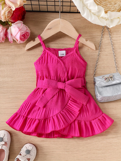 Baby's Trendy Solid Color Jacquard Ruffle Trim Sundress, Infant & Toddler Girl's Dress For Daily Wear/Holiday/Party, As Gift - NEXTRENDBAHRAIN