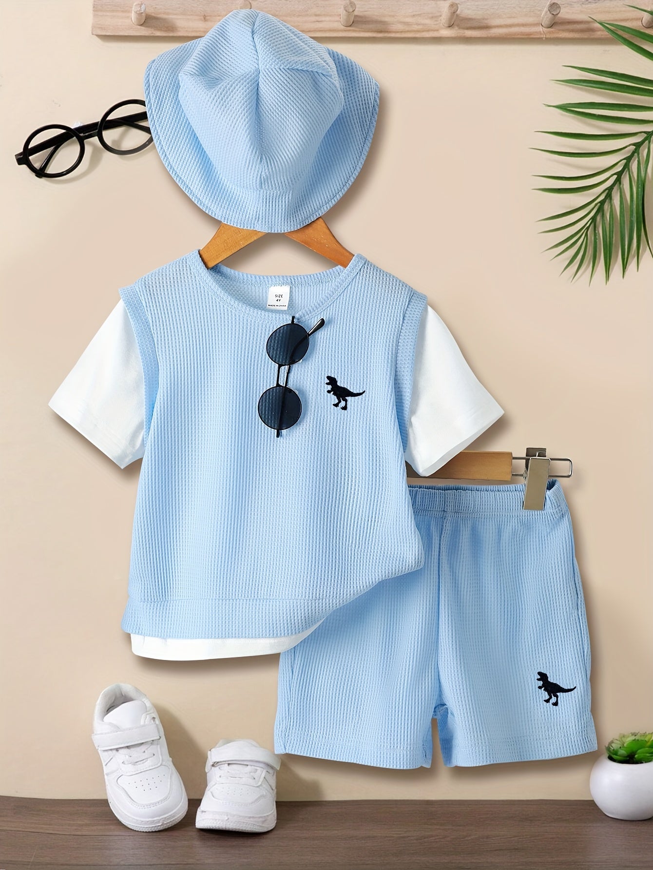 2pcs, Waffle Pattern T-shirt + Comfy Shorts Set For Boys Gift, Summer Clothes - NEXTRENDBAHRAIN